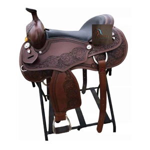 Selle de course pour chevaux Western en cuir marron, avec motif en relief floral et ondulations, design panier, siège souple noir, 10 à 18 pouces, LLT - Product Image 1
