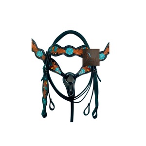 Black <b>Leather</b> Horse Headstall & Breast Collar Set Turquoise Floral Hand Painted Tooled Western Tack Gear - Product Image 3