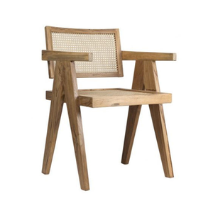 Fauteuil de salle à manger en teck naturel et rotin tressé, au design architectural Mid-Century Modern. - Product Image 1