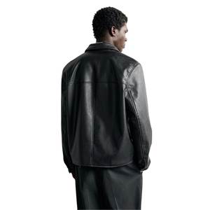 Veste streetwear pour homme en cuir véritable noir, col chemise, fermeture éclair sur le devant, coupe décontractée, minimaliste, vêtement d'extérieur de mode haut de gamme personnalisé OEM - Product Image 2
