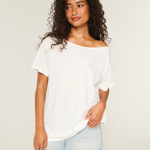 T-shirt blanc pour femme, épaules dénudées, manches courtes, 100% coton jersey, coupe ample, décontracté, couleur unie, col rond, respirant, longueur normale - Product Image 1