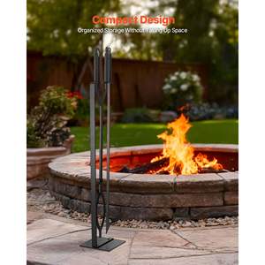 3 PCS Wrought Iron Fireplace Tool <b>Set</b> Indoor/Outdoor Black <b>Fire</b> <b>Poker</b> Tongs Holder Stand for Campfire Backyard Bonfire Indoor - Product Image 5