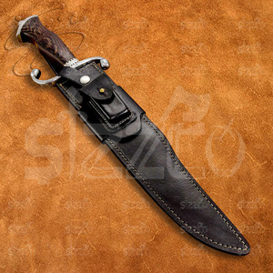 Couteau à lame fixe de chasse et de camping de qualité industrielle, fabriqué à la main en acier D2, avec garde en S, manche en bois de wengé foncé, étui en cuir, garantie 3 ans - Product Image 6