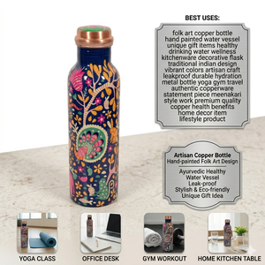 Pure Copper Water <b>Bottle</b> with Hand-painted Folk Art & Peacock Design | Leakproof Ayurvedic <b>Flask</b> for Yoga, Gym, Office & Unique - Product Image 1
