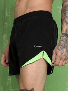 KVETOO Men's Quick Dry Breathable Split Hem 2 1 Loose Fit High Waist Elastic Running Shorts 100% Polyester Black <b>Net</b> Neon <b>Green</b> - Product Image 1