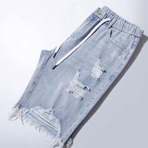 Shorts Bermuda en jean déchiré pour homme, taille mi-haute, avec cordon de serrage, style décontracté, en coton tissé - Product Image 6