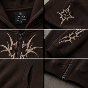 Sudadera con Capucha para Hombre, Estampado Digital de Cruz Gótica y Alas de Murciélago, Lavado Ácido, Bolsillo Frontal, Corte Regular, Algodón French Terry, Invierno - Product Image 3