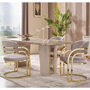 Ensemble de salle à manger moderne de luxe en fer, table rectangulaire en acier inoxydable doré avec 6 chaises, mobilier contemporain pour villa et cuisine - Product Image 1