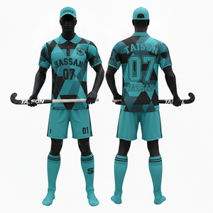 Uniforme de Hockey sobre Césped para Hombre, Poliéster Absorbente de Humedad, Color Verde Azulado y Negro, Paneles Geométricos, Sublimación, Logotipo Personalizado, Conjunto de Uniforme de Hockey sobre Césped - Product Image 6