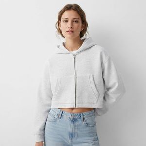 Women's Light Gray Hooded <b>Zip</b>-<b>Up</b> <b>Crop</b> Sweatshirt 100% Cotton Knitted Solid Color Winter Casual Wear Custom Logo Front Position - Product Image 4