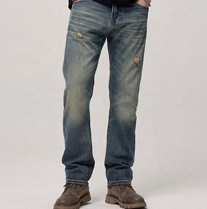 Men's Straight Leg Distressed Denim <b>Jeans</b> Mid Waist Cotton Ripped Casual Autumn Style Regular Fit Stonewashed Blue - Product Image 1