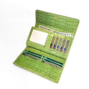 Top Women's Green Castello Croco Print Genuine Leather All-In-One Long <b>Wallet</b> Hasp Closure Flag Embroidery 11 Credit - Product Image 3