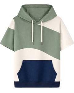 Sudadera con Capucha de Manga Corta para Hombre, Color Verde, Blanco y Azul Marino, con Bolsillo Canguro, Estilo Casual Urbano, de Algodón y Felpa - Product Image 1