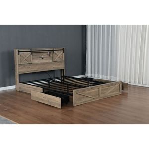 Base de Cama Queen Size Estilo Rústico con Luces LED, Estación de Carga, Cabecera de Madera Rústica y 2 Cajones de Almacenamiento - Product Image 6
