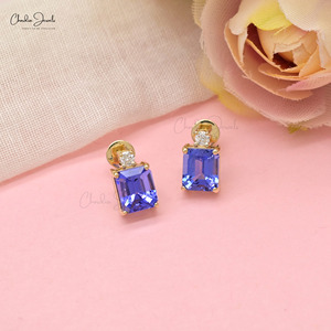 Chordia Jewels 14K Fine Gold Diamond & <b>Emerald</b> Cut Gemstone <b>Studs</b> 0.64CTW Tanzanite Classic Geometric shape Wedding Earrings - Product Image 4
