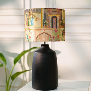 Vintage style <b>matt</b> black Hammered <b>Table</b> Lamp Indian Art Printed Fabric Shade Black Artistic Bedside Nightstand Light Home Decor - Product Image 3
