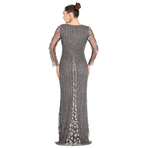 Robe de soirée luxueuse gris ardoise ornée de perles |   Robe de bal élégante à manches longues avec sequins géométriques |   Robe de soirée longue formelle pour invitées de mariage - Product Image 2