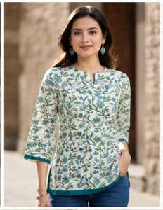 <b>Indian</b> Hand Block Printed Cotton Tunic <b>Top</b> Casual Summer Short Kurti Floral Print Ladies Wear Vintage Eco-Friendly Halter Women - Product Image 4
