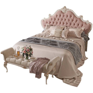 French European Elegant Pink Chesterfield Style Solid Mahogany Hand Carved King Size Bedroom Set for Hotel and Villa Use - Product Image 6
