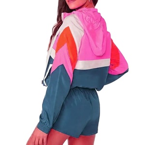 2026 Women's Casual <b>Short</b> Sleeve Windbreaker Outfits With Elastic Waist Stand Collar Color Block Design Hot Summer Clothing - Product Image 2