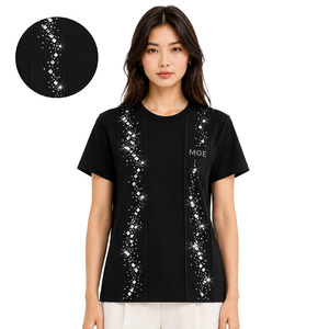Clear Glass Rhinestone Embellished women's shirt Decorative Piping <b>Sparkly</b> Effect Tshirt Regular Fit Half Sleeve Tee Custom Logo - Product Image 1