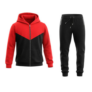 ชุดวอร์มผู้ชายสีแดงดำตัดกัน ชุดเซ็ตเสื้อฮู้ดซิปเต็มตัวพร้อมกางเกงจ็อกเกอร์ ทรงเข้ารูป สวมใส่สบาย เหมาะสำหรับออกกำลังกาย เล่นกีฬา วิ่ง และฝึกซ้อม - Product Image 2