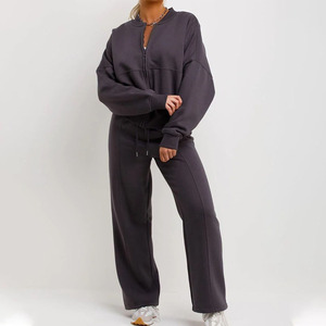 Conjunto Deportivo Oversize Negro para Mujer, Cuello Redondo, Manga Larga, Corte Holgado, Color Sólido, Ropa Casual de Otoño con Bolsillos Laterales - Product Image 2