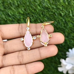 Wholesale jewelry checker cut pink chalcedony with cz accents drop <b>earring</b> 18k gold plated women's fashion statement <b>earrings</b> - Product Image 5