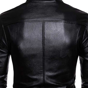Chaqueta de Cuero PU para Hombre, Corte Ajustado, Cuello Alto, Cierre de Cremallera, Estilo Motero, Otoño 2026, Largo Regular, Color Negro Sólido - Product Image 4