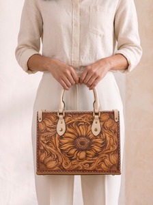 Sac fourre-tout d'été pour femme en cuir véritable brodé tournesol, style bohème, écologique, avec fermeture éclair, décontracté, pour voyage, à porter à l'épaule - Product Image 5