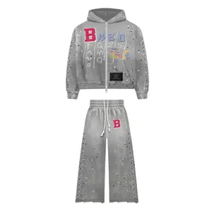 Conjunto de Sudadera y Pantalones Deportivos Personalizados de Invierno con Cremallera, Estampado y Efecto Ácido, Pantalones Acampanados y Sudadera con Capucha - Product Image 5