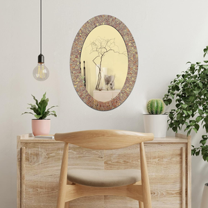 Espejo de Pared Ovalado de Mosaico Dorado Marrón Antiguo Hecho a Mano con Marco de Azulejos de Vidrio Texturizado, Espejo Decorativo Elegante - Product Image 1