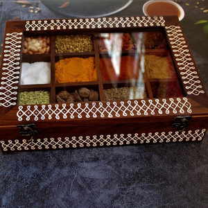 Designed <b>Wooden</b> Spice <b>Box</b> with Glass Lid and Compartments- Storing Indian Masala & Herbs Seeds Premium Organizer - Product Image 1