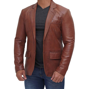 Men’s Brown <b>Leather</b> <b>Blazer</b> Slim Fit Single Breasted Notched Collar Casual Formal <b>Jacket</b> - Product Image 2