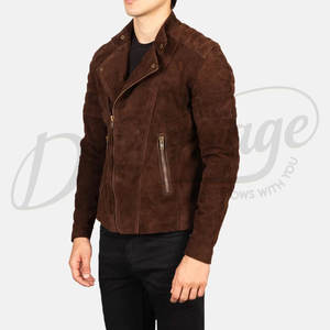 Premium Men Brown <b>Suede</b> Leather Biker <b>Jacket</b> Asymmetric Zip Quilted Shoulder Slim Fit Moto <b>Jacket</b> Casual Outerwear Coat - Product Image 5