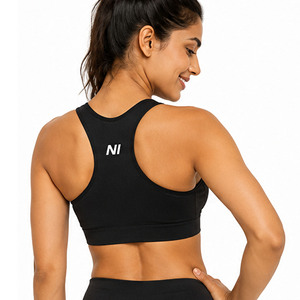 OEM Women Seamless Sports Bra Scoop Neck Racerback Zipper Front Medium Support Breathable Fitness Workout Wear Solid Black - Product Image 5