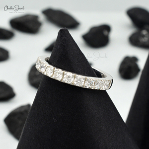 Prêt à expédier – Bague de mariage demi-éternité en or blanc massif 14 carats avec diamants G-H certifiés IGI, bague empilable, bijoux de mariée en gros - Product Image 1