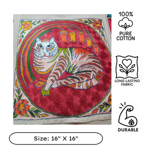 Square Kashmiri Aari Hand Embroidered Cotton pillow cover <b>silk</b> thread Red Cat design eco friendly zip closure Luxury Accent - Product Image 3