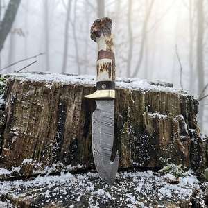 Damascus Steel Hunting Knife With Antler Handle Drop Point Blade Straight Edge 0.7mm Thickness DIY Craft <b>Tool</b> - Product Image 4