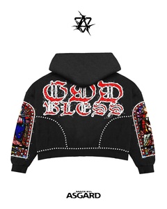 Black Red Saint Society God Bless <b>Studded</b> Zip Up Hoodie & Pants Set | Oversized Streetwear Tracksuit | OEM Private Label - Product Image 2