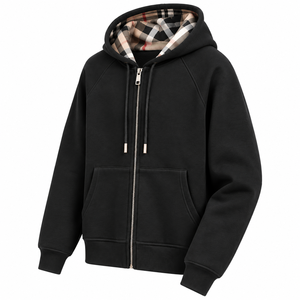 Sweat-shirt à capuche zippé noir pour homme avec doublure à carreaux, coupe classique, en molleton décontracté, idéal pour l'automne - Product Image 3