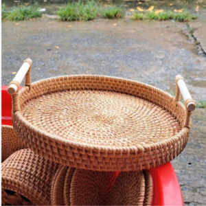 Rattan <b>tray</b> Handwoven Rattan Storage Basket Round Wicker Organizer Woven <b>Tray</b> for Kitchen Home - Product Image 3