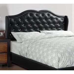 Ensemble de lit Queen Size en similicuir noir, avec cadre de lit et tête de lit capitonnée à dossier ailé, mobilier de chambre rembourré - Product Image 6