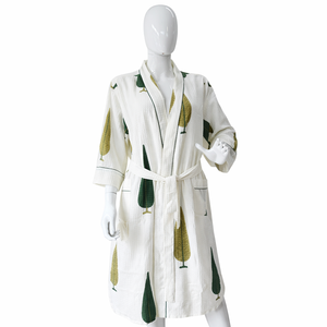Soft Cotton Floral Bathrobe Women Green Leaf Block Print Spa Robe Morning Gown Lightweight Comfort Long Dressing Gown For Women - Product Image 1
