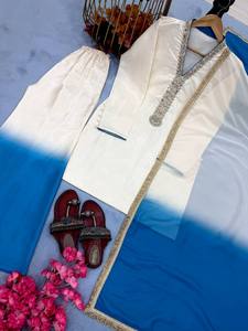 Elegant White Silk Salwar Kameez With Blue Dupatta Embroidered Ankle-Length Women's <b>Wedding</b> Wear India Pakistan Regular Fit - Product Image 4