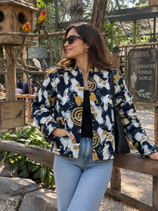 Handmade <b>Lightweight</b> Bird/Crane Print Cotton Quilted <b>Jacket</b> | Black <b>Womens</b> Short Coat | Boho Casual Autumn Outerwear | - Product Image 1