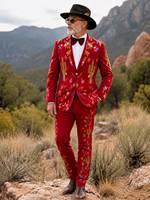 Ensemble de costume brodé rouge de style western pour homme |   Blazer brodé de fleurs et de cactus avec pantalon assorti