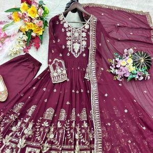 georgette embroidered gown with micro silk <b>pant</b> and <b>sequin</b> dupatta full stitched designer ethnic wear - Product Image 3