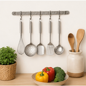 Wholesale Stainless Steel Kitchen Utensil Set with Wall Mounted Hanging <b>Rail</b> Cooking Tools with Sliding S-<b>Hooks</b> for Home - Product Image 4