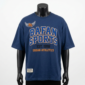 Camiseta holgada oversize para hombre, 200 GSM, jersey de algodón grueso, azul oscuro, naranja, con apliques deportivos, bordado y logotipo personalizado - Product Image 1